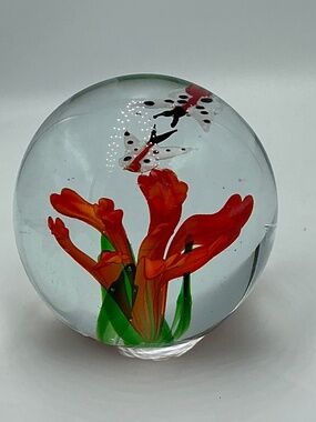 Vintage Art Glass Paperweight Orange Floral Butterfly Controlled Bubbles Sphere